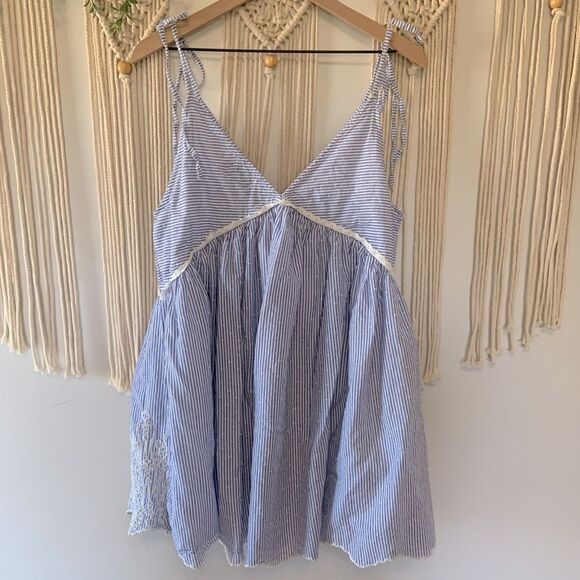 ASOS Tie Shoulder Striped Smocked Mini Sun Dress 100% Cotton Size 10 - Picture 3 of 11